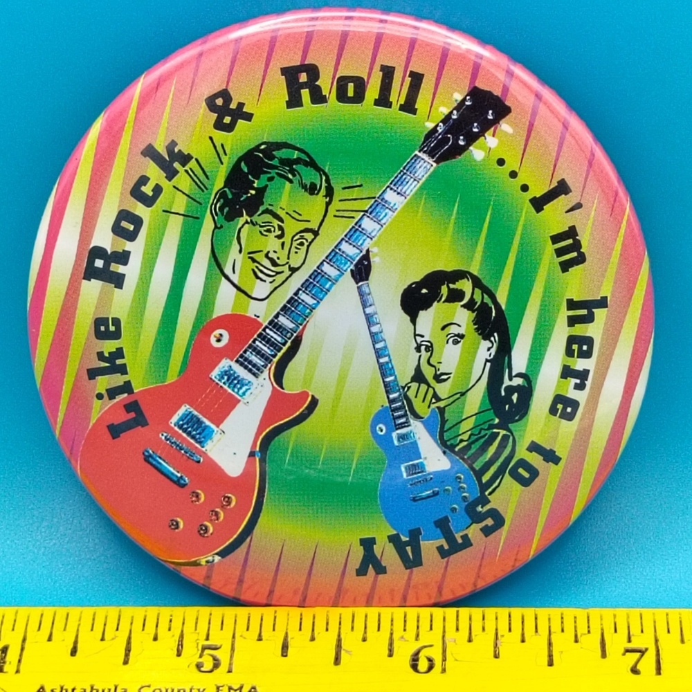 Russ Berrie Pinback Button Multi Color Vintage RockRoll Guitars Collectible